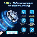 Tiefbrunnenpumpe 0,37 kW, Edelstahl-Tiefbrunnenpumpe mit 20 m Anschlusskabel, Förderhöhe max. 34 m, Förderleistung bis zu 4.000 l/h, sandtaugliche Tauchdruckpumpe mit einem maximalen Druck von 3,4 bar