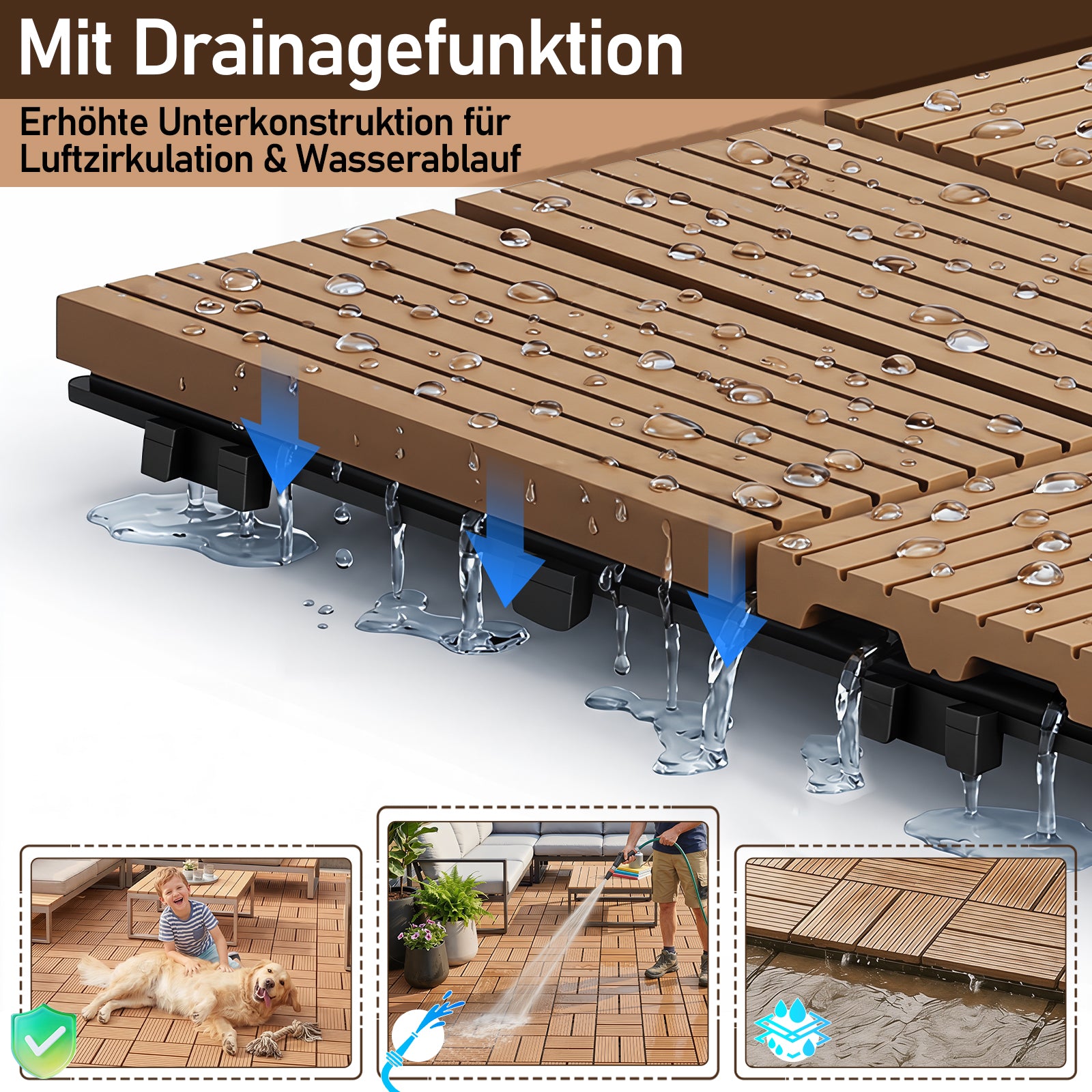 8 Streifen | 30 x 30 cm WPC-Terrassenfliesen 1–5 m², Teakholz-Optik/Rotbraun/Dunkelgrau | Wasserfeste, verlegbare und wasserdurchlässige Fliesen, geeignet für Balkone, Terrassen, Gärten und Außenbereiche