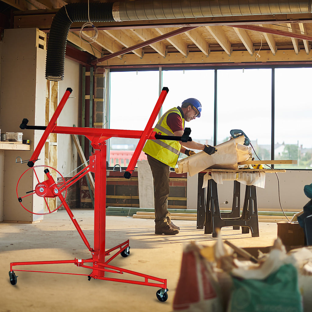 Gipskarton-Hebebühne, zusammenklappbar, XXL-Ausführung, 140 cm – 350 cm, einstellbare Arbeitshöhe, Tragkraft 68 kg, maximale Ausladung für Gipskartonplatten 290 cm