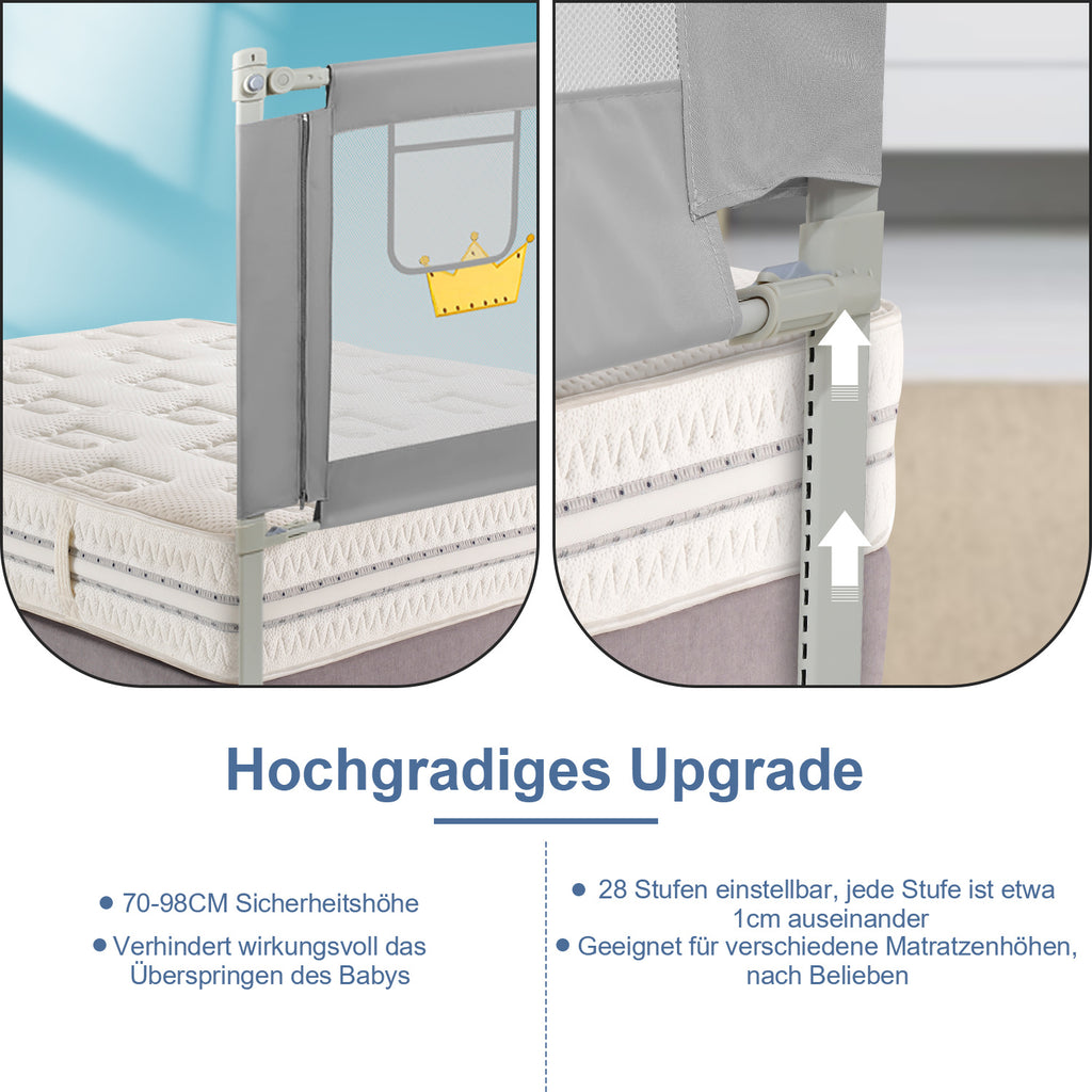 150/180/200 cm, zusammenklappbares Kinderbettgitter, höhenverstellbar von 70 bis 98 cm, Absturzsicherung, einfache Montage, graue Steppoptik
