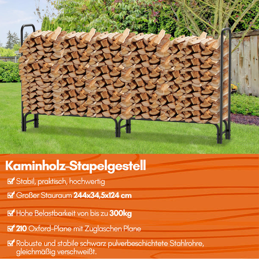 Holzregal mit Schutzhülle – Stahlrahmen – schwarzes Metall-Holzregal – Hilfsmittel zur Lagerung im Innenbereich – Maße: 244 x 34,5 x 124 cm