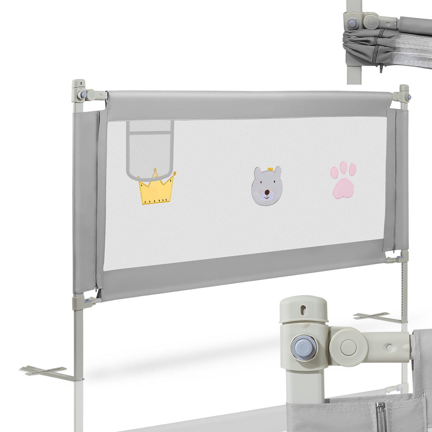 150/180/200 cm, zusammenklappbares Kinderbettgitter, höhenverstellbar von 70 bis 98 cm, Absturzsicherung, einfache Montage, graue Steppoptik
