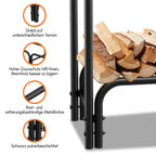 Holzregal mit Schutzhülle – Stahlrahmen – schwarzes Metall-Holzregal – Hilfsmittel zur Lagerung im Innenbereich – Maße: 244 x 34,5 x 124 cm