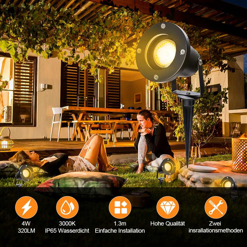 LED-Außenstrahler (mit Erdspieß), LED-Gartenstrahler für den Außenbereich, 4 W, GU10, warmweißes Licht, 3000 K, Schutzklasse IP65, geeignet für Wege, Sträucher, Pflanzen und Terrassen