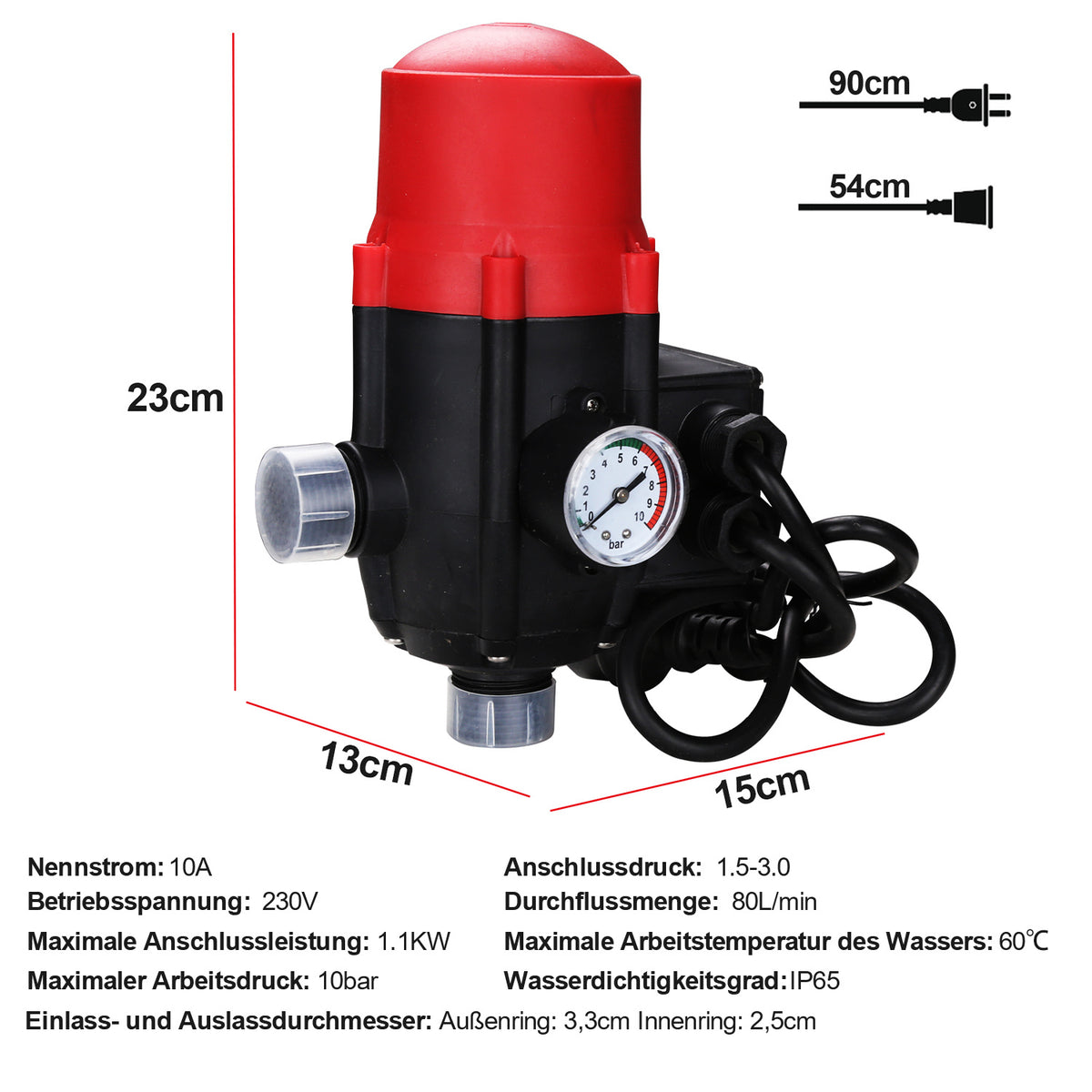 Druckregler, Druckschalter, 10-bar-Manometer mit Kabel, konstanter Wasserdruck, automatisches Ein- und Ausschalten, Trockenlaufschutz, geeignet für Garten und Haushalt, rot