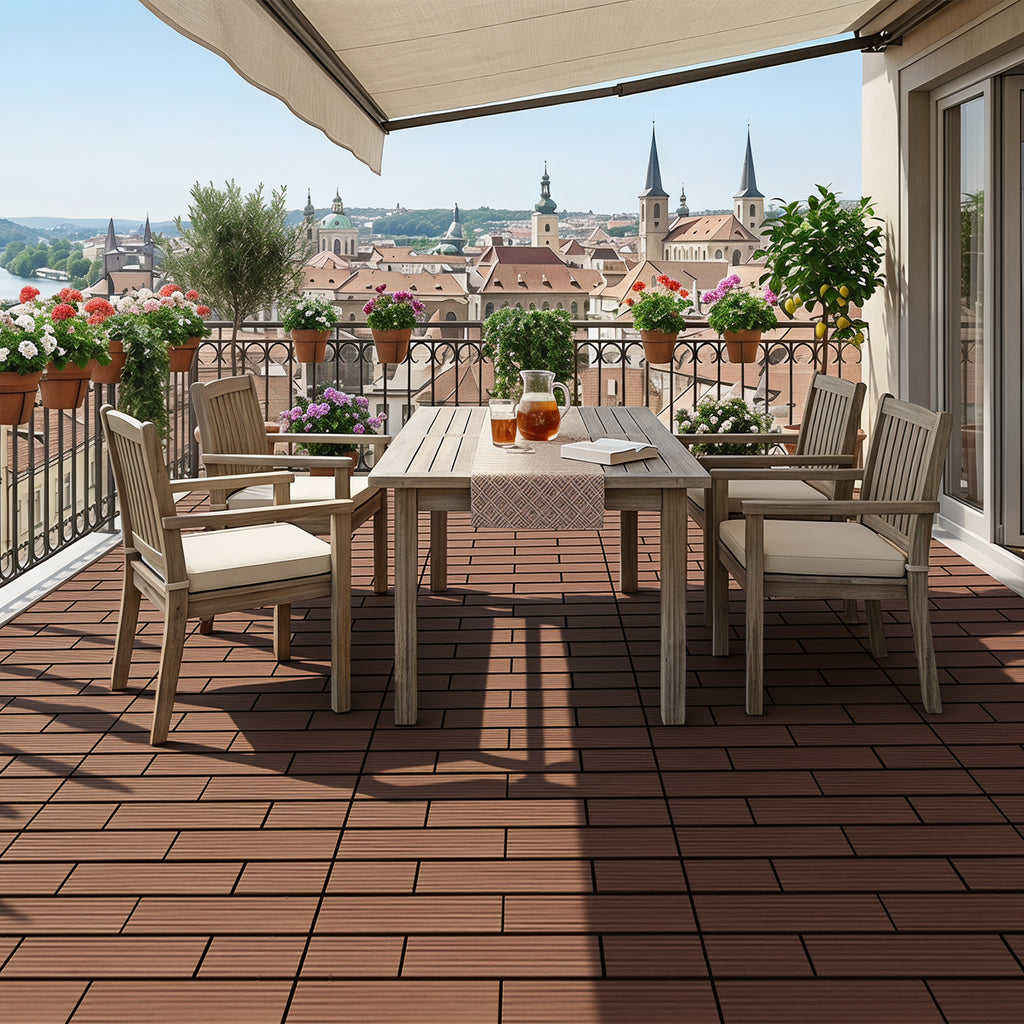 30 x 60 cm WPC-Terrassenfliesen , Klick-Verlegesystem, Teakholzfarben/Rotbraun/Dunkelgrau, 1–5 m² | WPC-Fliesen, Balkonfliesen, witterungsbeständige Platten mit Entwässerungsfunktion, einfache Verlegung, geeignet für Terrassen, Balkone und Gärten