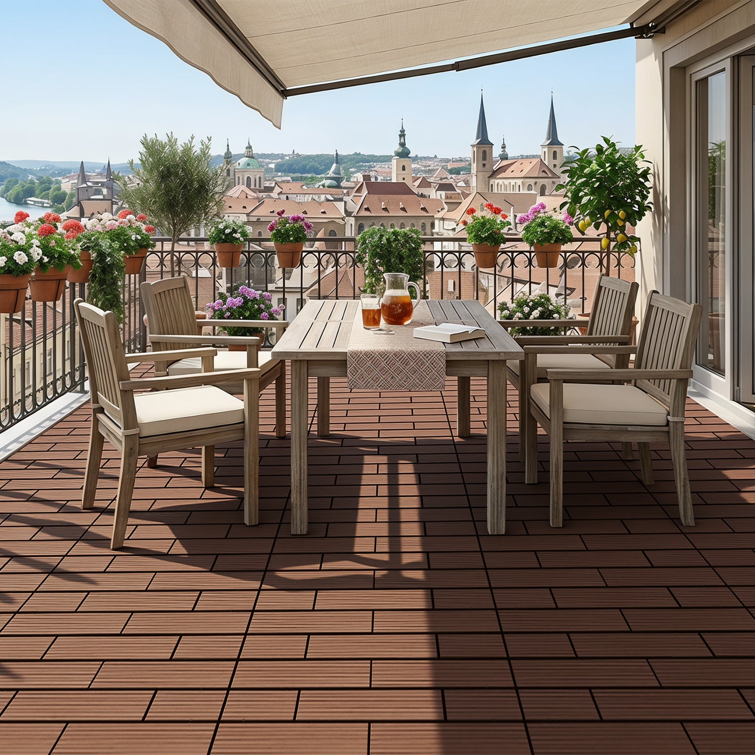 30 x 60 cm WPC-Terrassenfliesen , Klick-Verlegesystem, Teakholzfarben/Rotbraun/Dunkelgrau, 1–5 m² | WPC-Fliesen, Balkonfliesen, witterungsbeständige Platten mit Entwässerungsfunktion, einfache Verlegung, geeignet für Terrassen, Balkone und Gärten