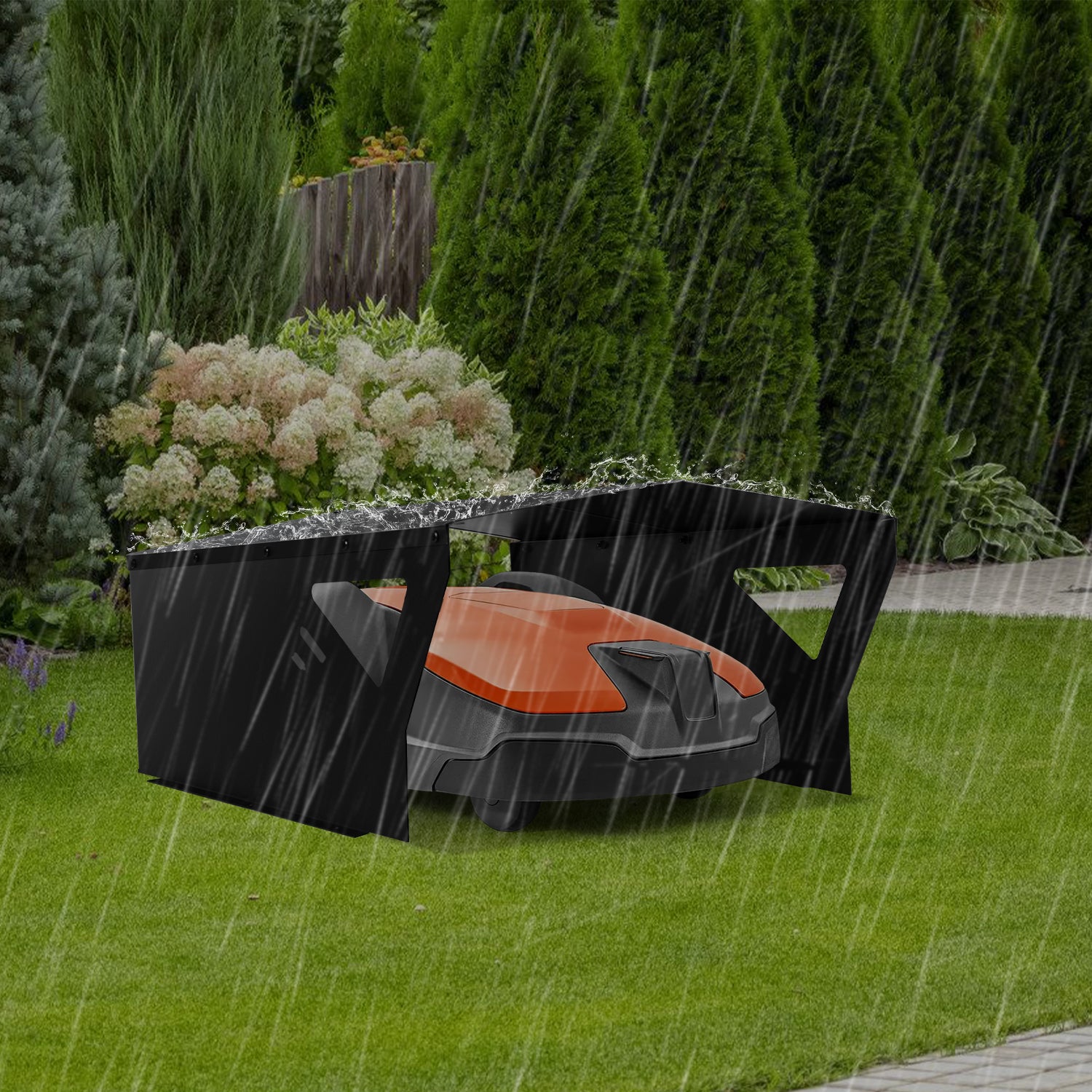 Garage für Mähroboter, 78 x 60 x 34 cm, schwarzer, verzinkter Unterstand, schützt vor Regen, Sonne und Hagel, witterungsbeständig und UV-beständig, geeignet als Überdachung für Gartenmäher und Mähroboter, inklusive Montagezubehör