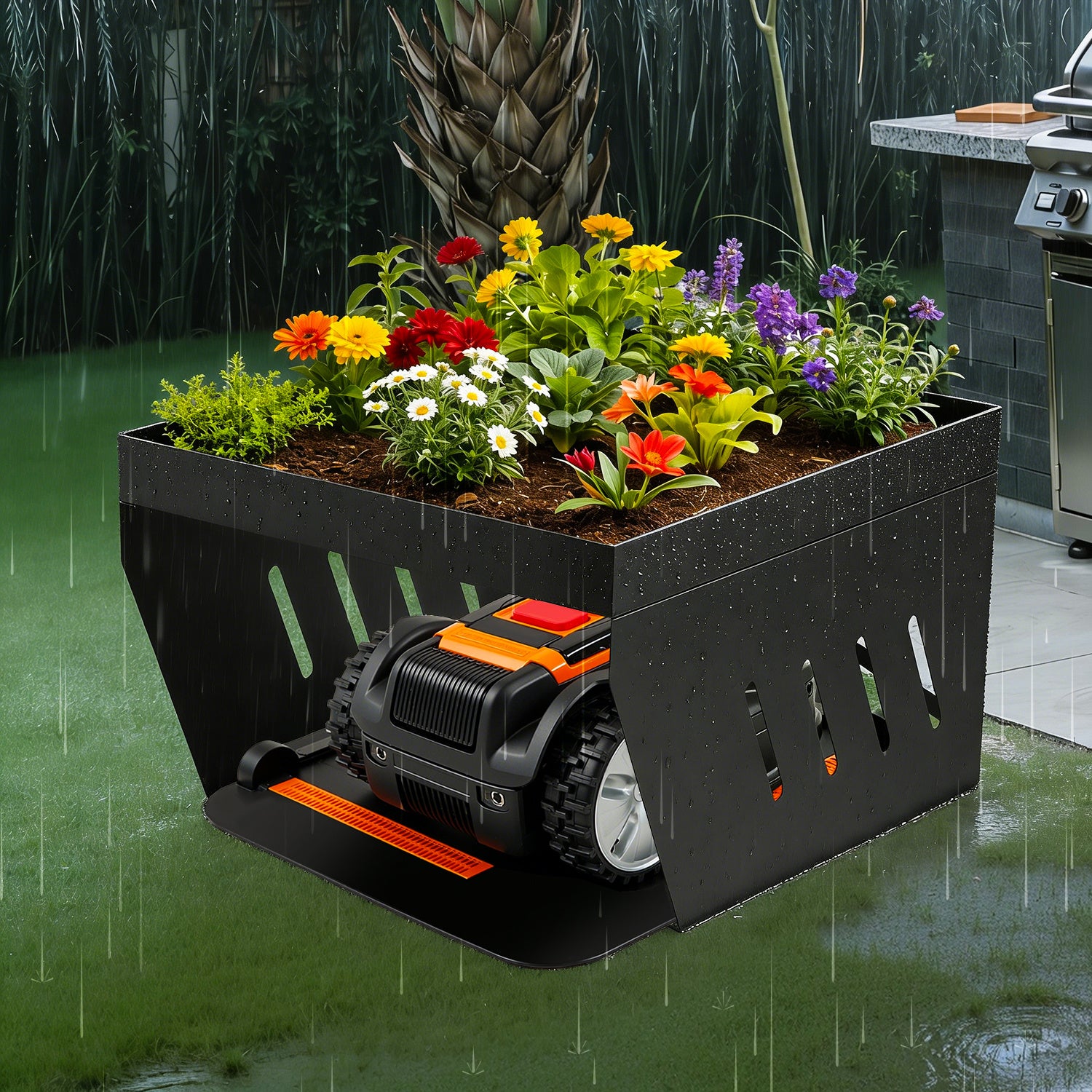 Garage für Mähroboter, 70 x 61 x 42 cm, Überdachung für Rasenmäher, spezielle Überdachung für Rasenmäher/Mähroboter, mit begrünbarem Dach, Wasserablauf und 4 Bodenverankerungen, bietet wirksamen Schutz vor Regen und Hagel, schwarz