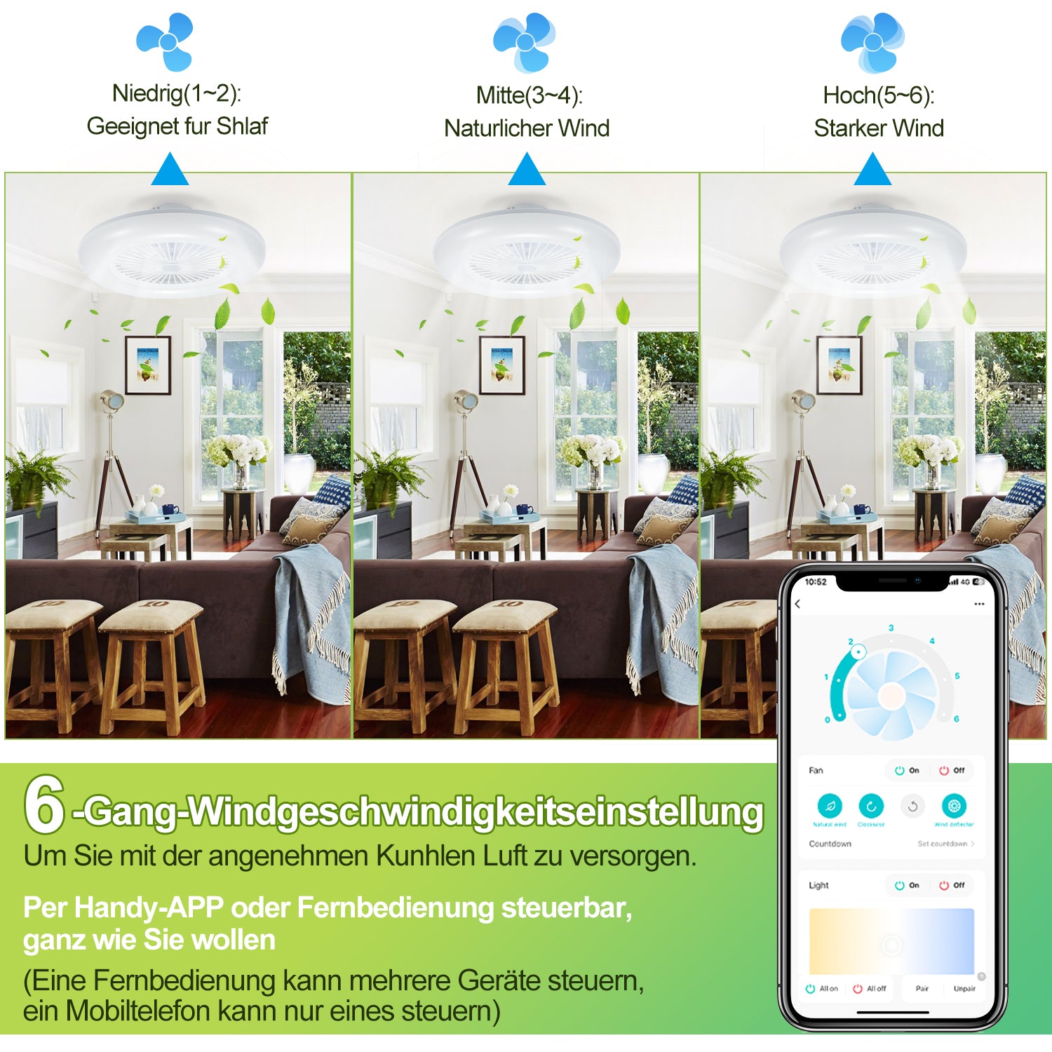 Deckenventilator mit Beleuchtung und Fernbedienung App | Dimmbar, 3 Lichtfarben, 6 Geschwindigkeiten, Reverse-Funktion, Timer 1-8 h, Leiser für Schlafzimmer und Wohnzimmer