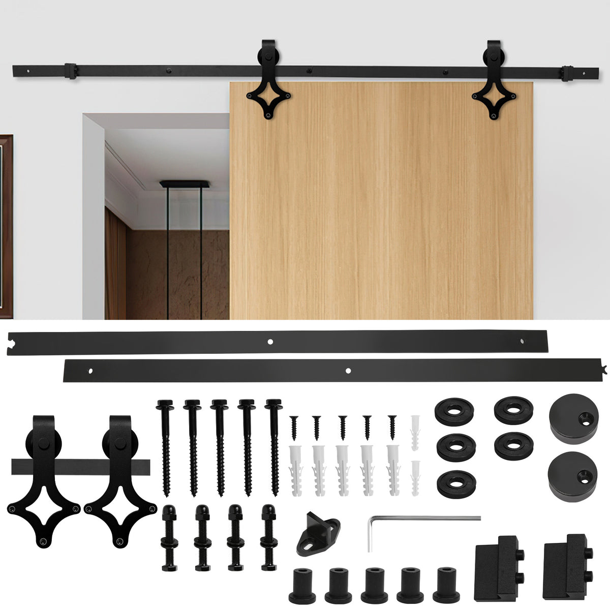 Schwarze Beschläge für Schiebetüren, Beschläge für Schiebetüren im Rautenmuster, Schienen für Schiebetüren, geräuscharmer Lauf, erhältlich in den Längen 183 cm und 200 cm (Türen sind nicht im Lieferumfang enthalten)