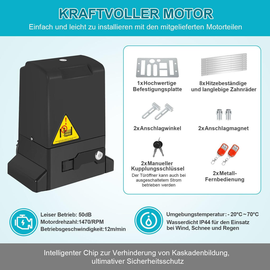 Schiebetorantrieb Set, 370W 800kg Flügeltorantrieb Torantrieb 12M Garagentorantrieb, mit 2 Fernbedienung Toröffner, Entriegelungsschlüssel und für Hotelbis, Fabrik, Schwarz