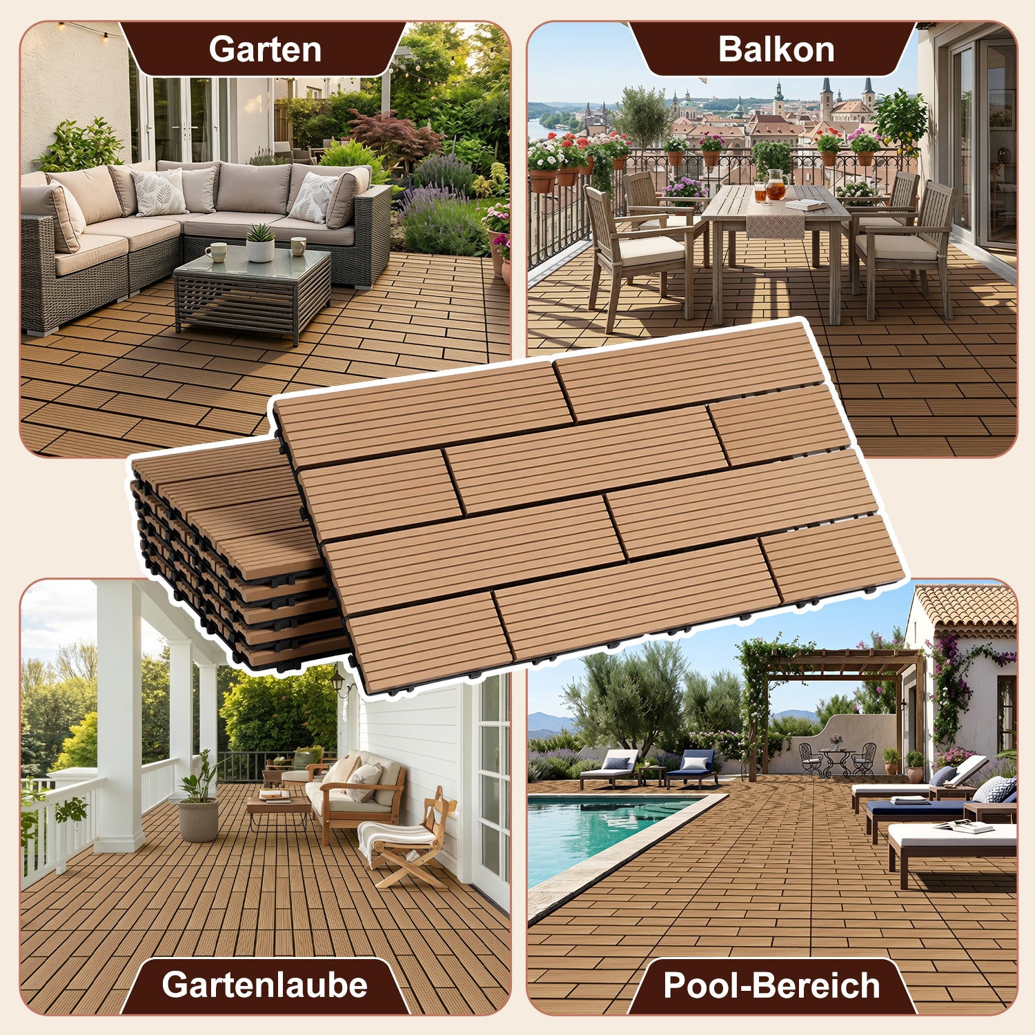 30 x 60 cm WPC-Terrassenfliesen , Klick-Verlegesystem, Teakholzfarben/Rotbraun/Dunkelgrau, 1–5 m² | WPC-Fliesen, Balkonfliesen, witterungsbeständige Platten mit Entwässerungsfunktion, einfache Verlegung, geeignet für Terrassen, Balkone und Gärten