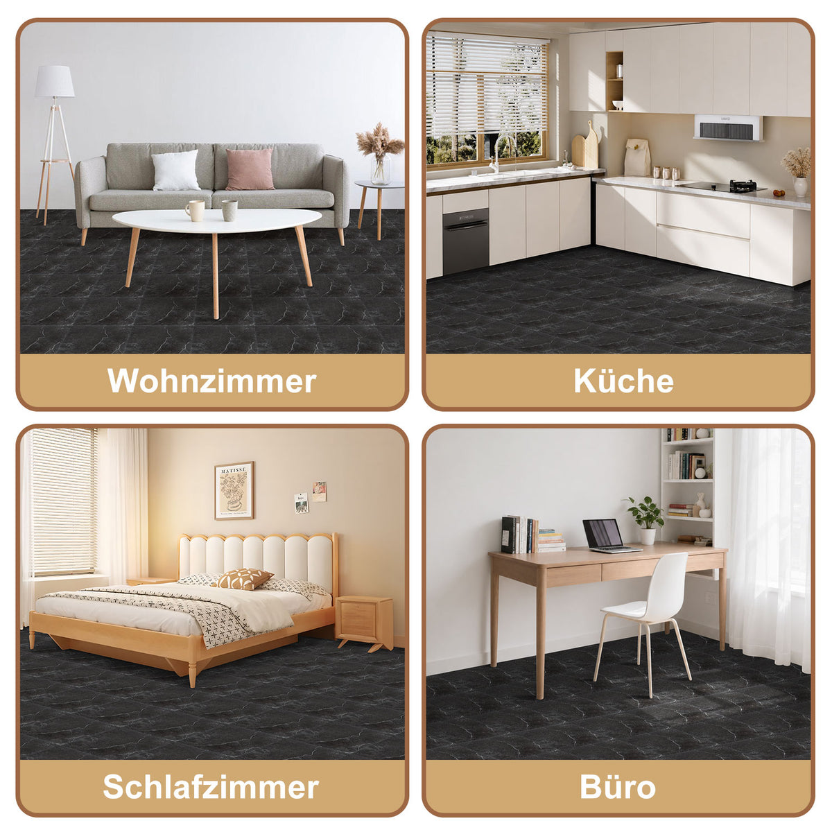 PVC-Bodenbelag, selbstklebender Vinylboden, rutschfest und wasserfest, rutschfester Vinyl-Verbundbodenbelag für Wohnzimmer, Schlafzimmer und Küche, 30 cm × 30 cm, 1 m² = 11 Fliesen, in drei Farben erhältlich