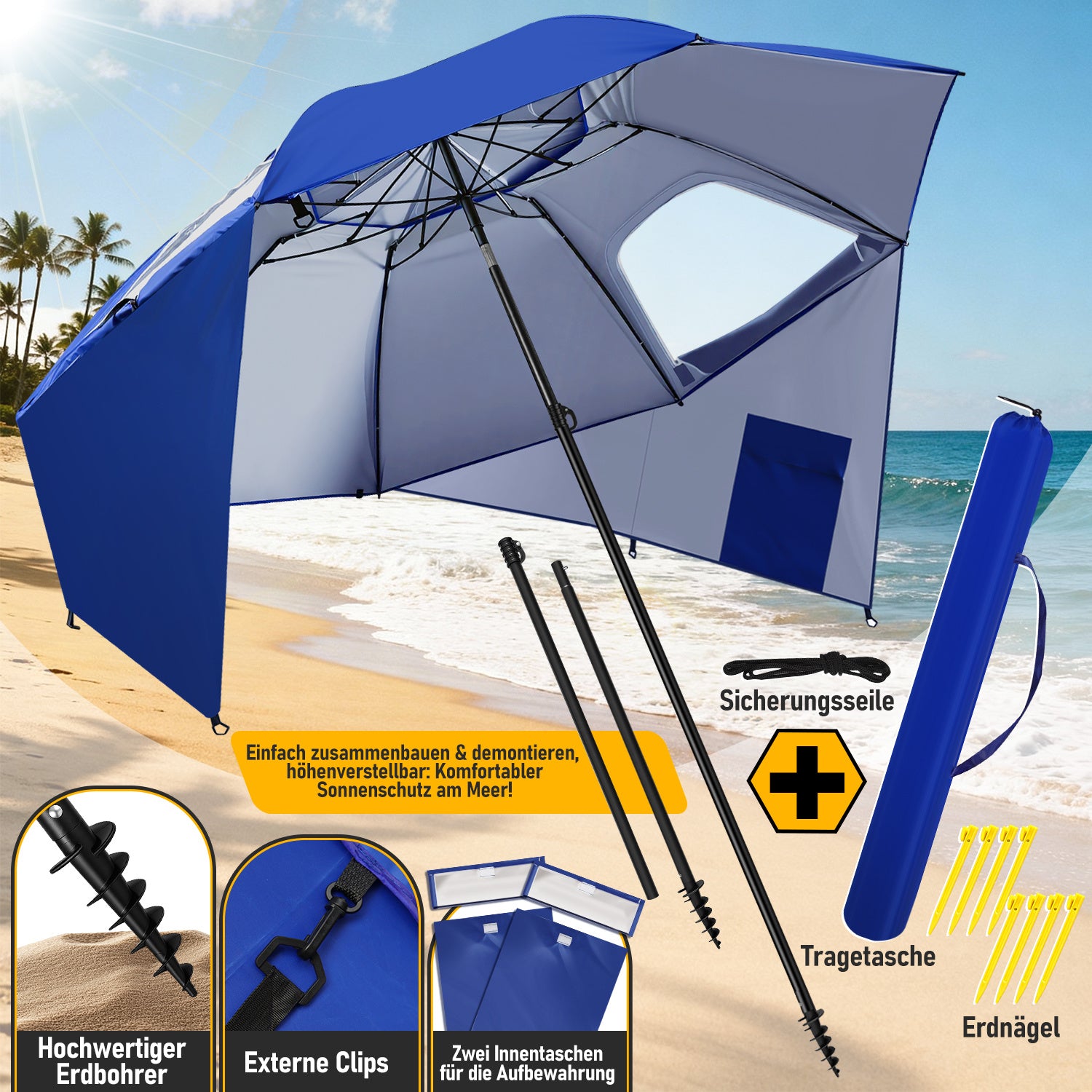 Strand-Sonnenschirm 2-in-1 – Kombinierter Schirm für Strand und Garten, geeignet für 2–4 Personen, UV50+ Sonnenschutz, multifunktionaler Sonnenschirm, Durchmesser 210 x 220 cm, mit Sichtfenster und Tragetasche, zusammenklappbar