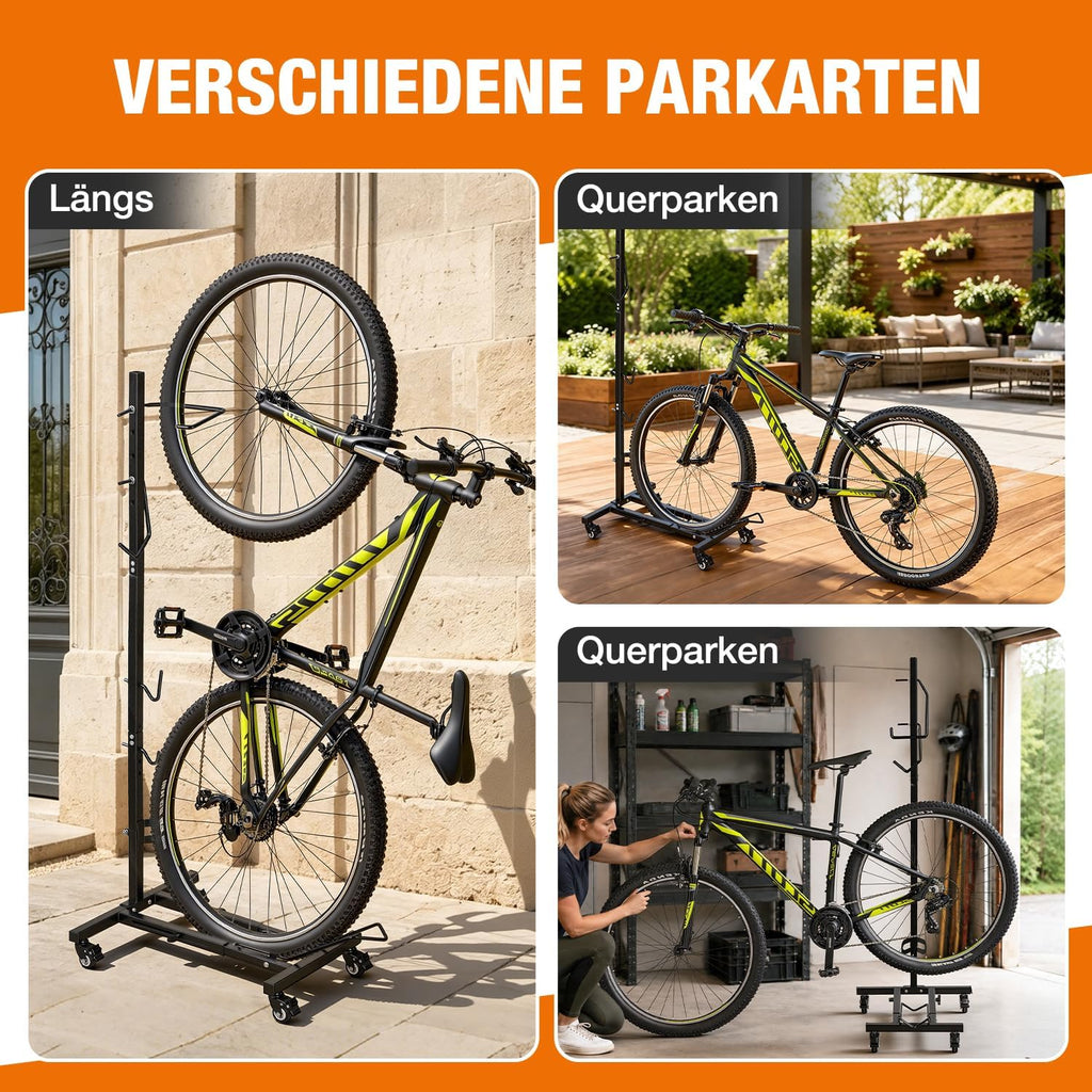3-in-1-Fahrradständer, 6-stufige Höhenverstellung, vertikaler Fahrradständer mit Feststellrädern, keine Bohrungen erforderlich, schwarz
