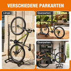 3-in-1-Fahrradständer, 6-stufige Höhenverstellung, vertikaler Fahrradständer mit Feststellrädern, keine Bohrungen erforderlich, schwarz