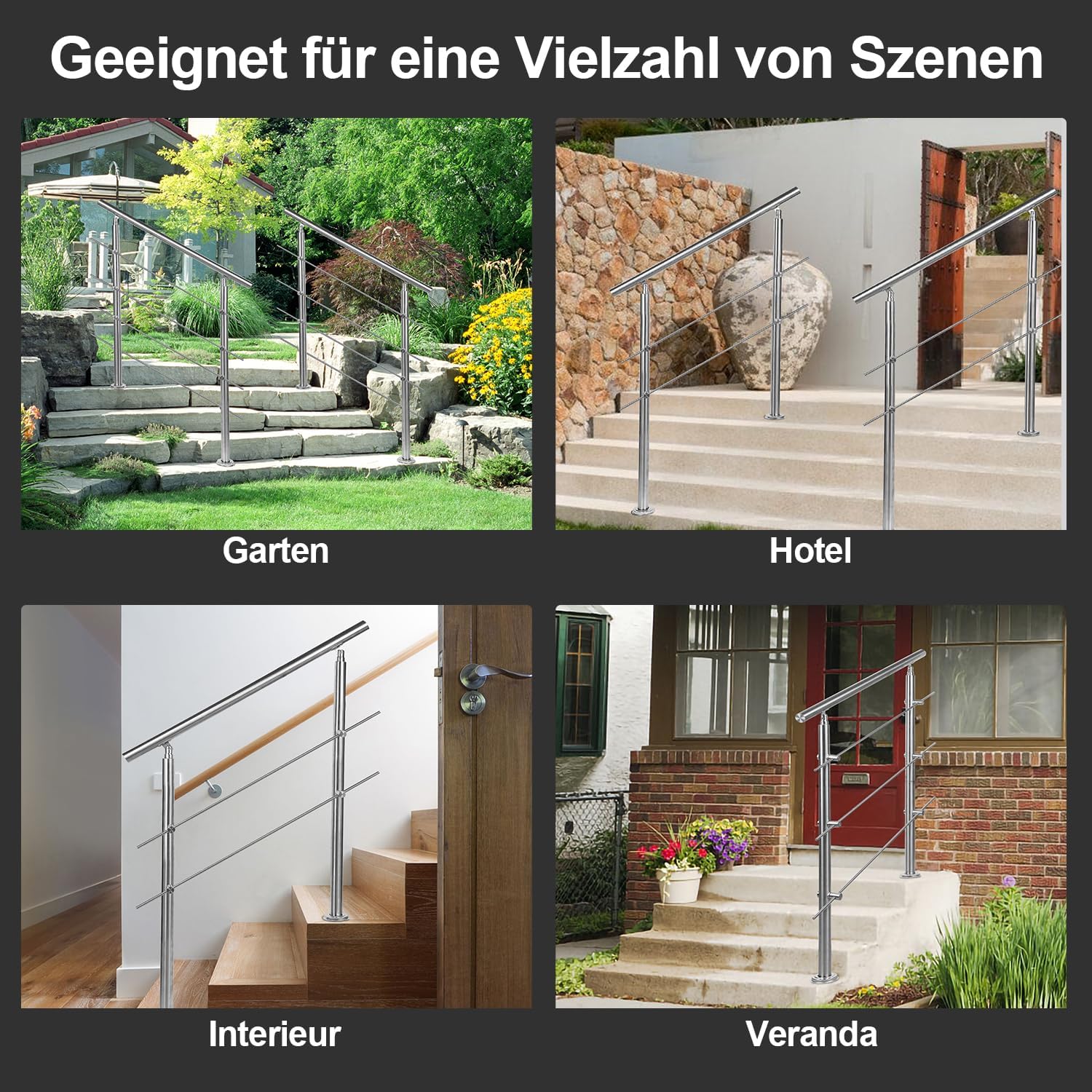 Handlauf Edelstahl 80/100/120/150/160/180 cm, Treppengeländer ohne Querstreben | Rostfrei, Wetterfest, Gebürstet, Winkelverstellbar für Innen & Außen und für Treppen, Balkon & Eingang