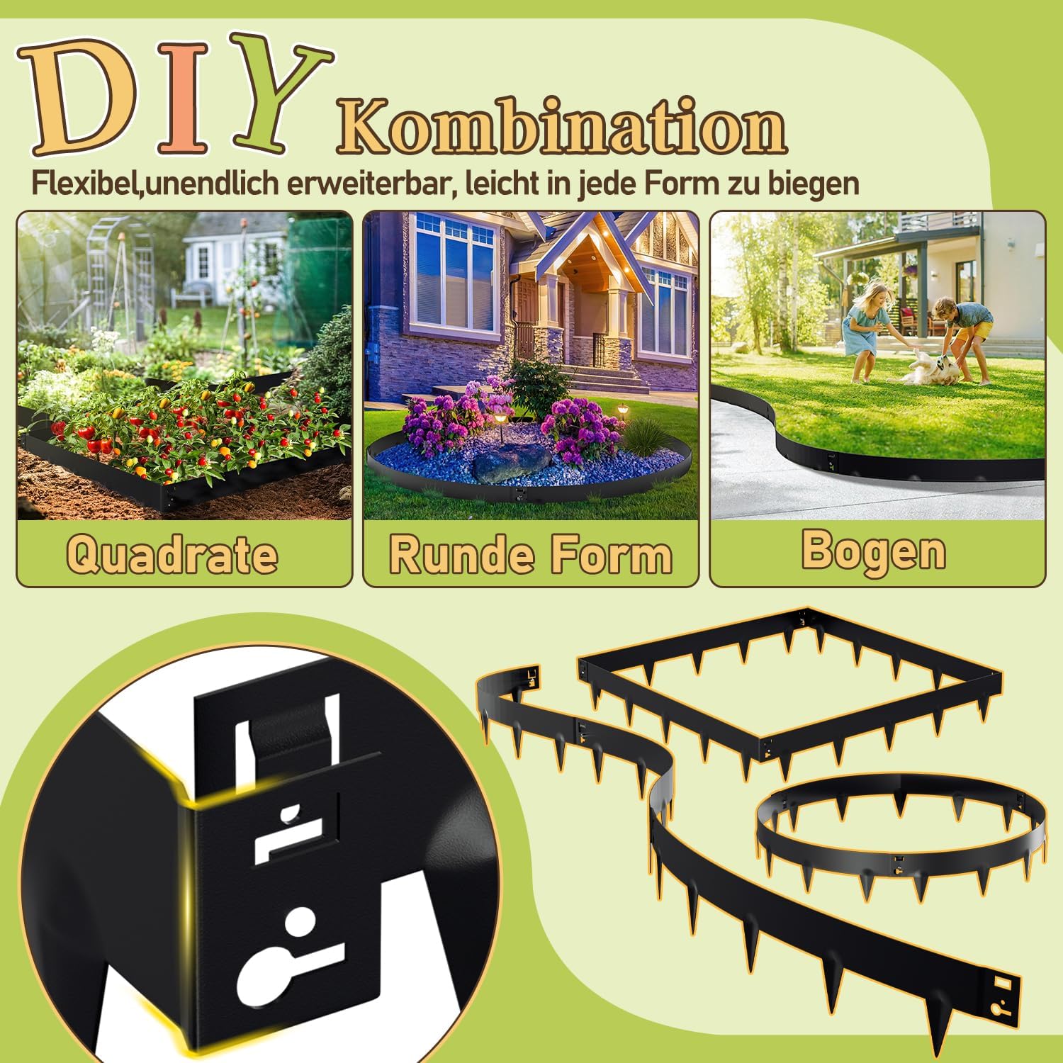 Rasenkante mit Dornen, 100x18cm Rasenkante Metall Beetumrandung, Beeteinfassung Flexible Verformbar Metall Palisade für Garten Bauernhof, Silber/Schwarz