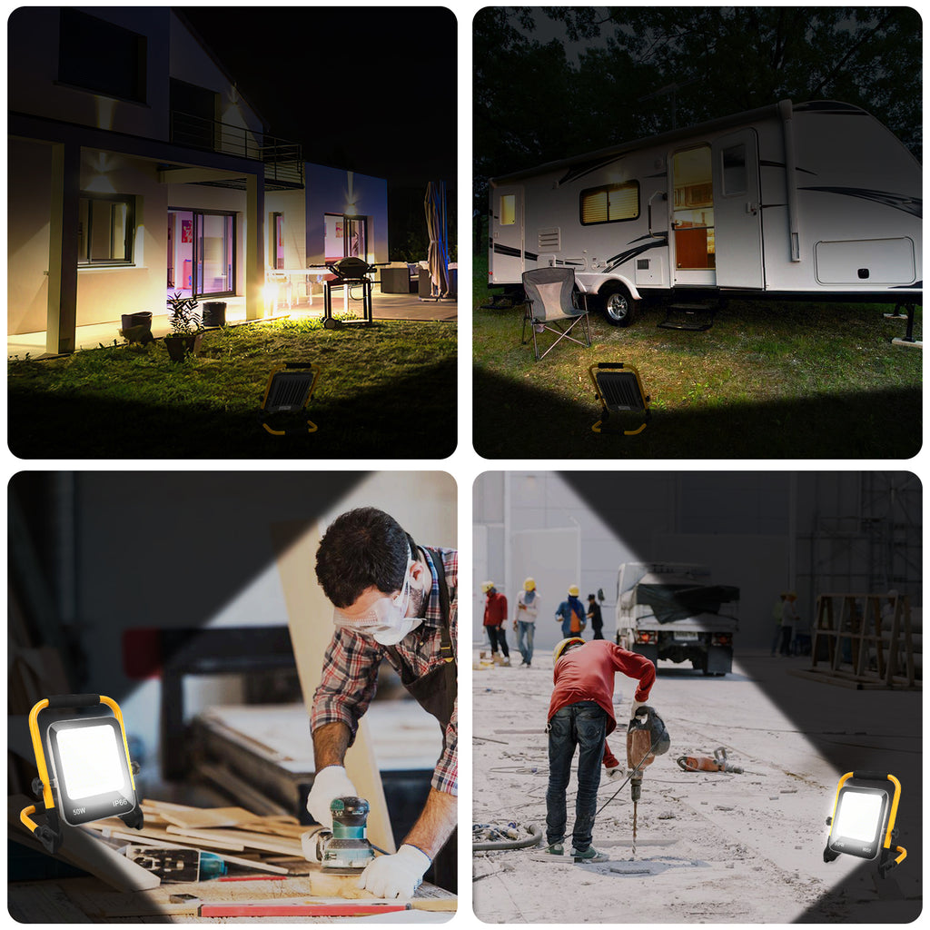 LED-Baustrahler, 50 W/100 W/150 W/200 W Arbeitsleuchten, tragbare LED-Arbeitsleuchten, Baustrahler mit kaltweißem Licht, Schutzklasse IP66, mit 3 Meter langem Kabel und klappbarem Stativ, geeignet für Baustellen (mit Stecker)