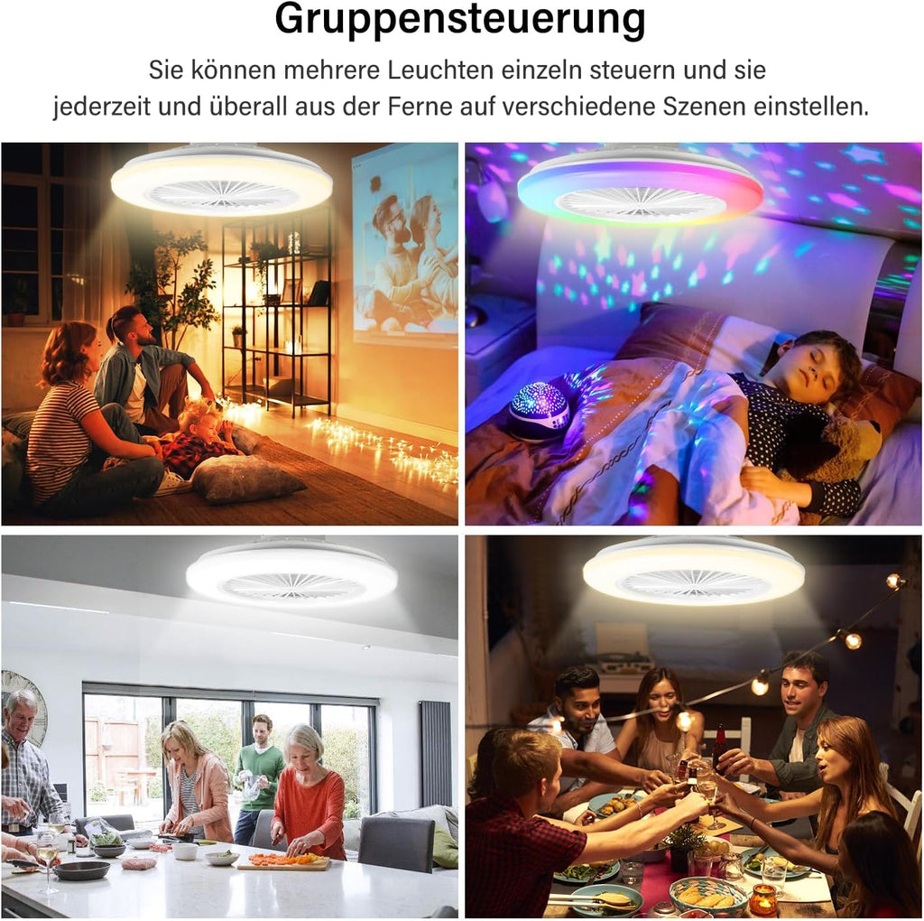 Deckenventilator Mit Beleuchtung, Smart RGB LED Fan Licht, φ50cm Deckenleuchte mit Ventilator, dimmbar, App und Fernbedienung, 6-Gang, 3 Farbtemperatur, Timer, Sommer/Wintermodus