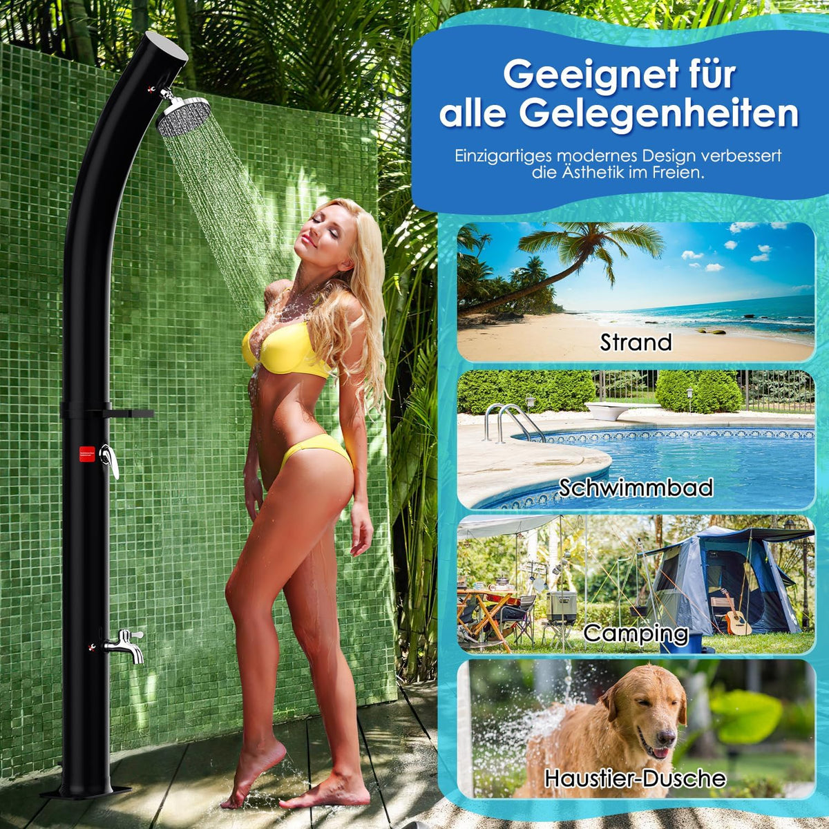 Solardusche Bogen Solar Gartendusche warmes Wasser Bis Zu 60°C Ohne Stromanschluss Pooldusche Camping mit Fußdusche und Duschablage schwenkbarem Regenduschkopf Schutzhülle Schwarz(20L/35L)