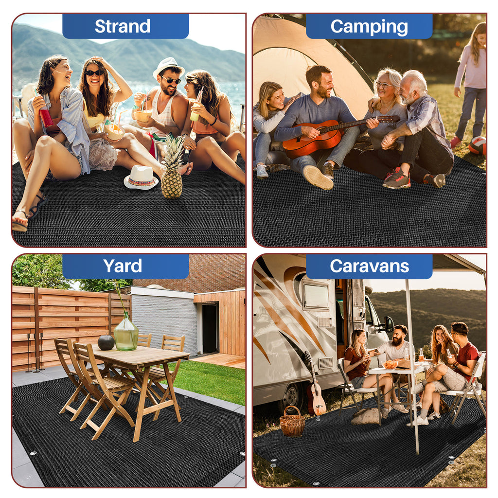 Zeltunterlage, Camping-Matte, 240 g/m² HDPE; die Zeltunterlage ist mit 12 Befestigungsösen, 13 Heringen und einer Aufbewahrungstasche ausgestattet, ist wasser- und luftdurchlässig sowie rutschfest, schwarz und in verschiedenen Größen erhältlich.