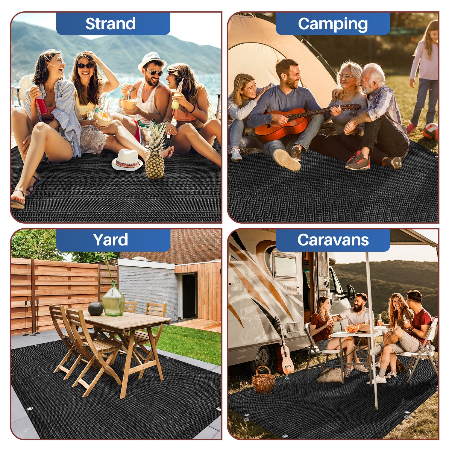 Zeltunterlage, Camping-Matte, 240 g/m² HDPE; die Zeltunterlage ist mit 12 Befestigungsösen, 13 Heringen und einer Aufbewahrungstasche ausgestattet, ist wasser- und luftdurchlässig sowie rutschfest, schwarz und in verschiedenen Größen erhältlich.