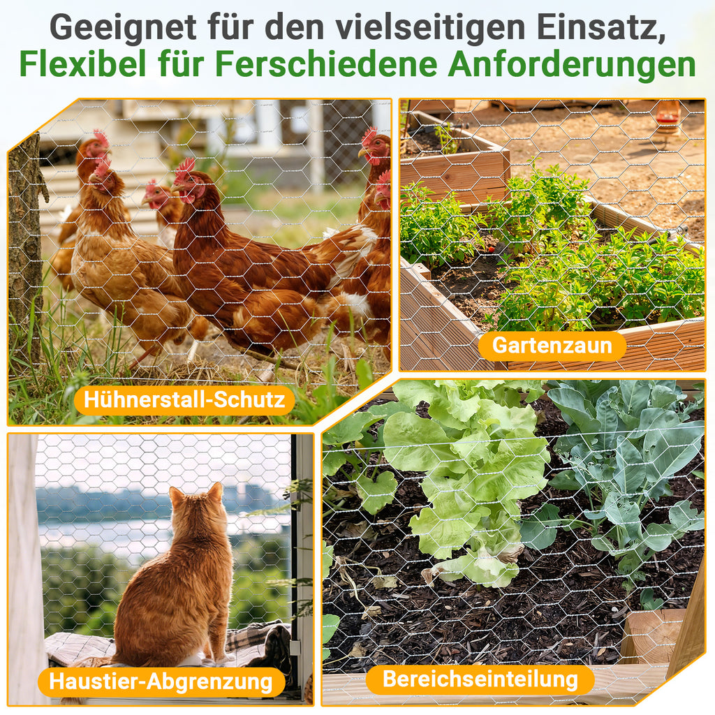 Sechseckgeflecht Maschendrahtzaun - Verzinkt Kaninchendraht, Drahtzaun, Hasendraht - Sechseck Drahtgitter Maschenweite 27 mm - Silbrig