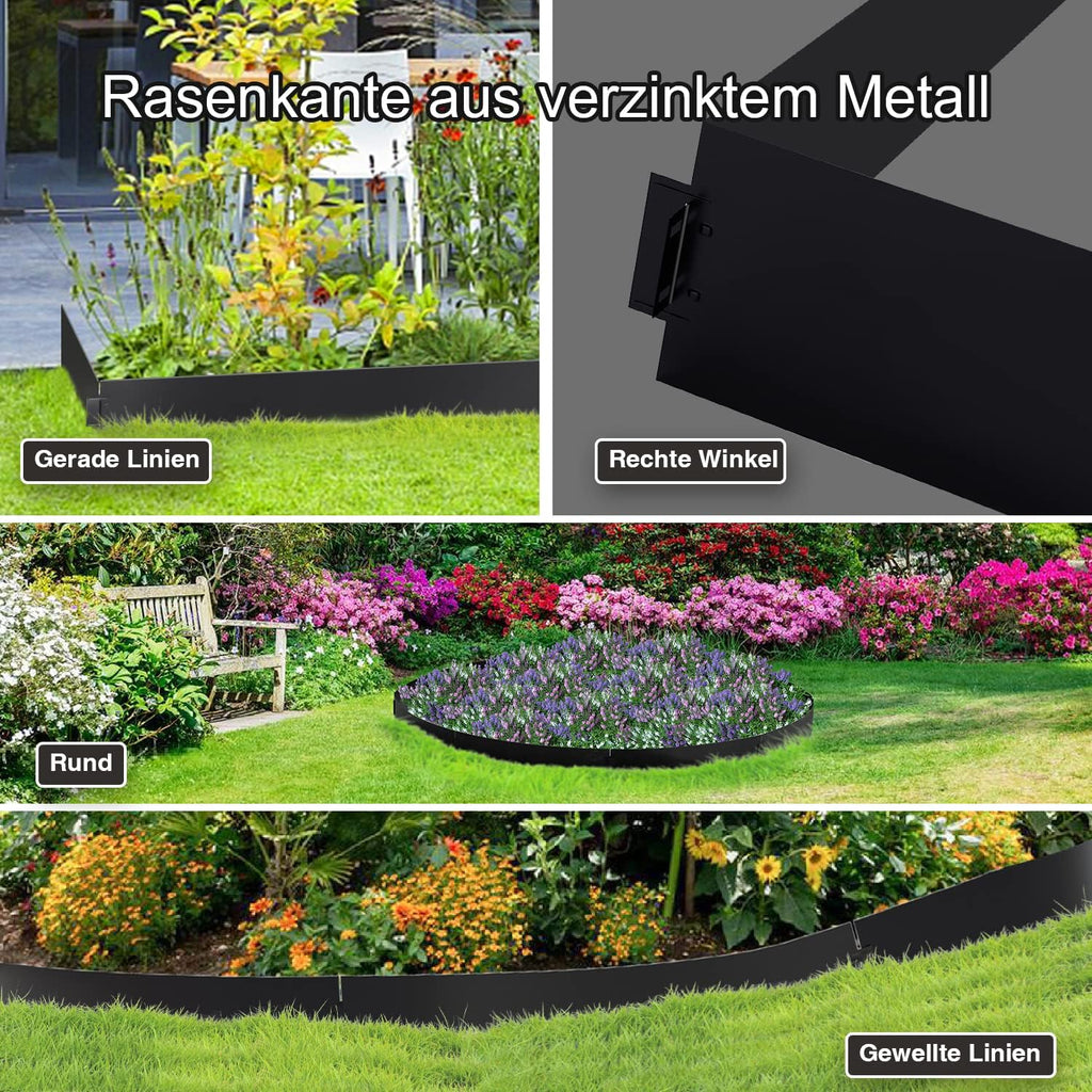 Rasenkante verzinkt Metall, 5m 10m 15m 20m 25m 30m 35m 40m 45m 50m 100x15cm Beeteinfassung Mähkante Palisade Gartenbeet, Silber oder Schwarz (Länge 5m - Höhe 15cm)