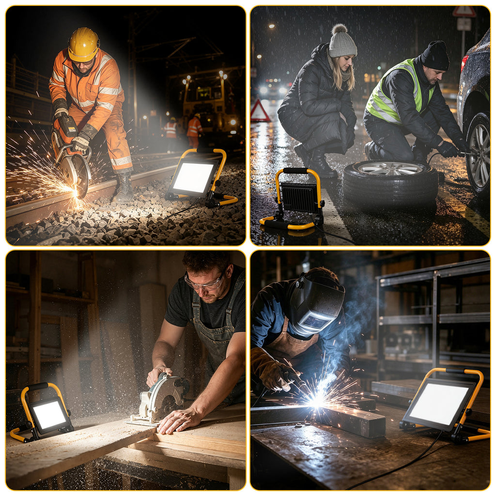 LED-Baustrahler, 50-W-, 100-W- und 200-W-Arbeitsleuchten, kaltweißes Licht, 3 Meter langes Kabel, Schutzart IP66, mit klappbarem Stativ, extrem helle, tragbare Arbeitsleuchten, geeignet für Werkstätten, Baustellen und Garagen