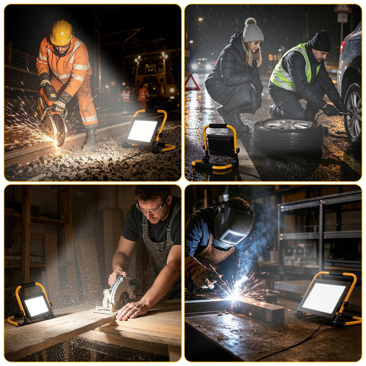 LED-Baustrahler, 50-W-, 100-W- und 200-W-Arbeitsleuchten, kaltweißes Licht, 3 Meter langes Kabel, Schutzart IP66, mit klappbarem Stativ, extrem helle, tragbare Arbeitsleuchten, geeignet für Werkstätten, Baustellen und Garagen