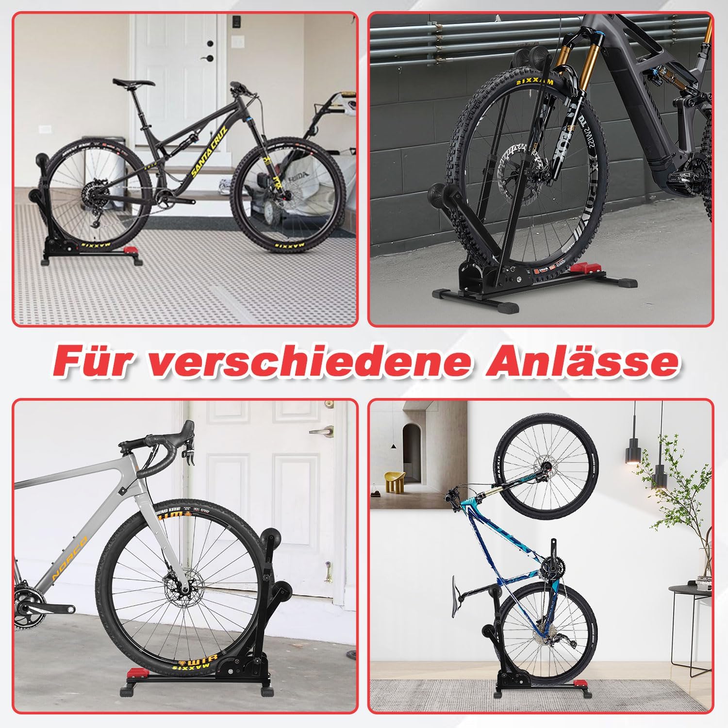 3-in-1-Klappfahrradständer, vertikale oder horizontale Aufstellung möglich, keine Bohrungen erforderlich, geeignet für 24–29 Zoll, robuste Konstruktion aus Kohlenstoffstahl, rutschfeste Unterlegmatten, geeignet für Garagen, Wohnungen und Keller