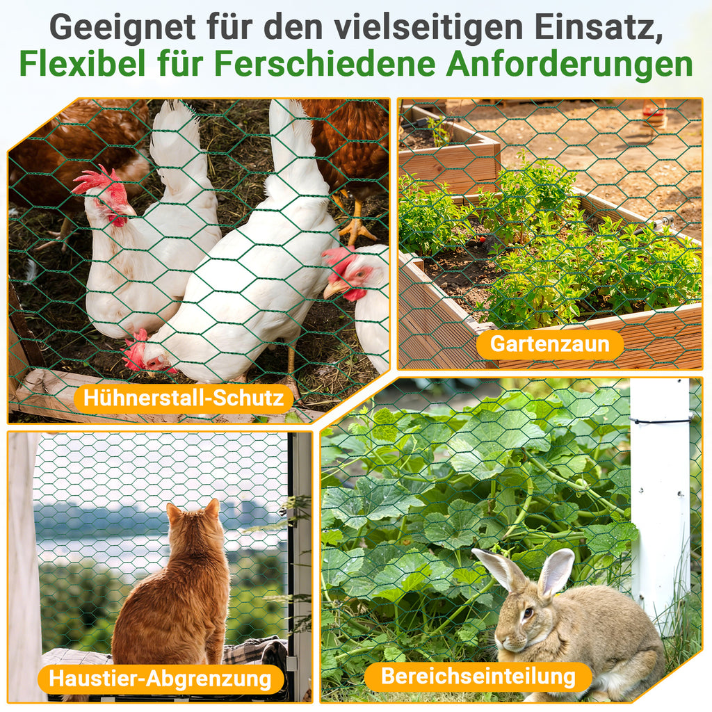 Sechseckgeflecht Maschendrahtzaun - Verzinkt mit Beschichtung, Kaninchendraht, Drahtzaun, Hasendraht - Sechseck Drahtgitter Maschenweite 27 mm, - Grün