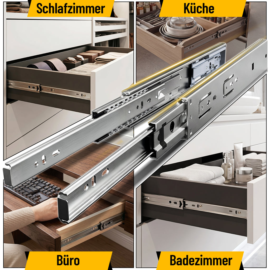 Vollauszug-Schubladenführungen mit automatischer Rückstellfunktion, Kugellagerführung, aus verzinktem Stahl; Schubladenführungen mit einer Tragkraft von bis zu 45 kg pro Paar, in verschiedenen Größen erhältlich.