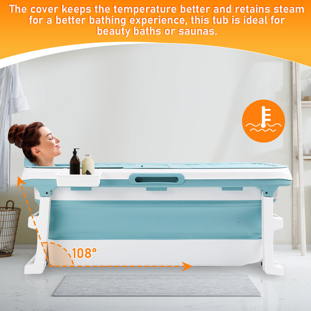 Faltbare Badewanne für Erwachsene, Klappbadewanne mit Abdeckung, Ablagekorb und Doppelablauf, platzsparende mobile Badewanne für Bad Dusche Balkon, Blau
