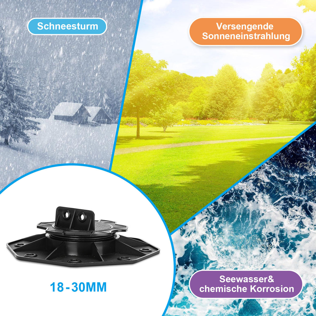 Stilt Bearings Height-Adjustable Pack of 100 Adjustable Feet 18-30 mm Plate Bearings - Stilt Bearing for Patio Tile Substructure Wood, WPC and Stone