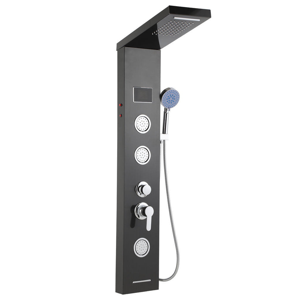 Duschpaneel mit Wasserhahn, 5 Funktionen, Edelstahl-Duschpaneel mit LED-Temperaturanzeige, Regen- und Wasserfall-Duschköpfe, Handbrause, Massagedusche und Duschstange