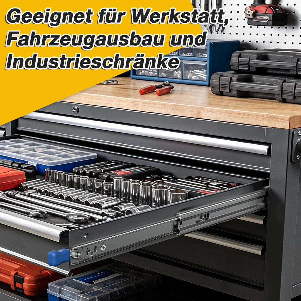 1 Paar Hochleistungs-Schubladenführungen mit Arretierung | Breite 53 mm, Tragkraft 78–120 kg, Vollauszug mit Kugellagern, inklusive Befestigungsschrauben, geeignet für Schränke, Werkstätten, Wohnmobile und industrielle Anwendungen, 300–1150 mm