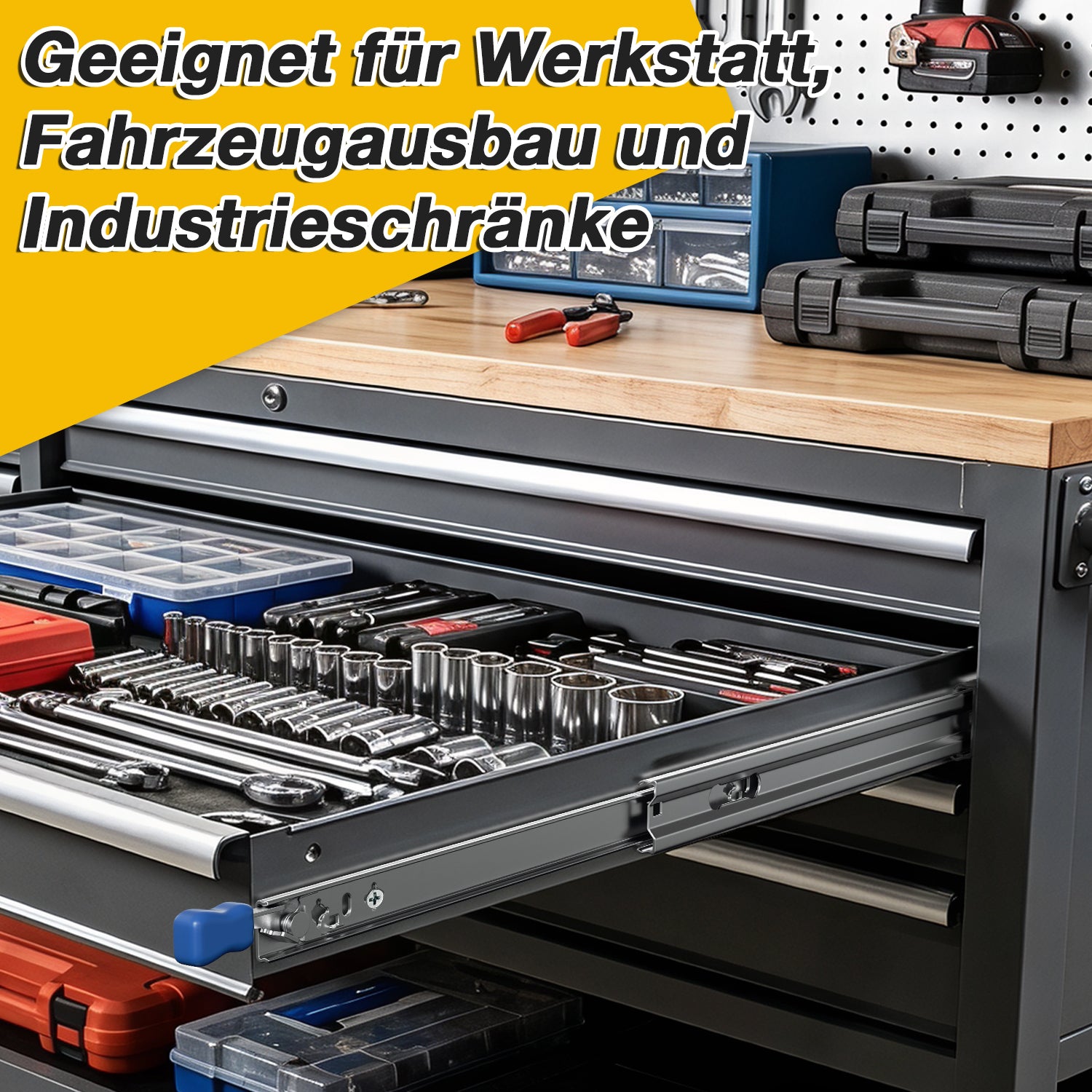 1 Paar Hochleistungs-Schubladenführungen mit Arretierung | Breite 53 mm, Tragkraft 78–120 kg, Vollauszug mit Kugellagern, inklusive Befestigungsschrauben, geeignet für Schränke, Werkstätten, Wohnmobile und industrielle Anwendungen, 300–1150 mm