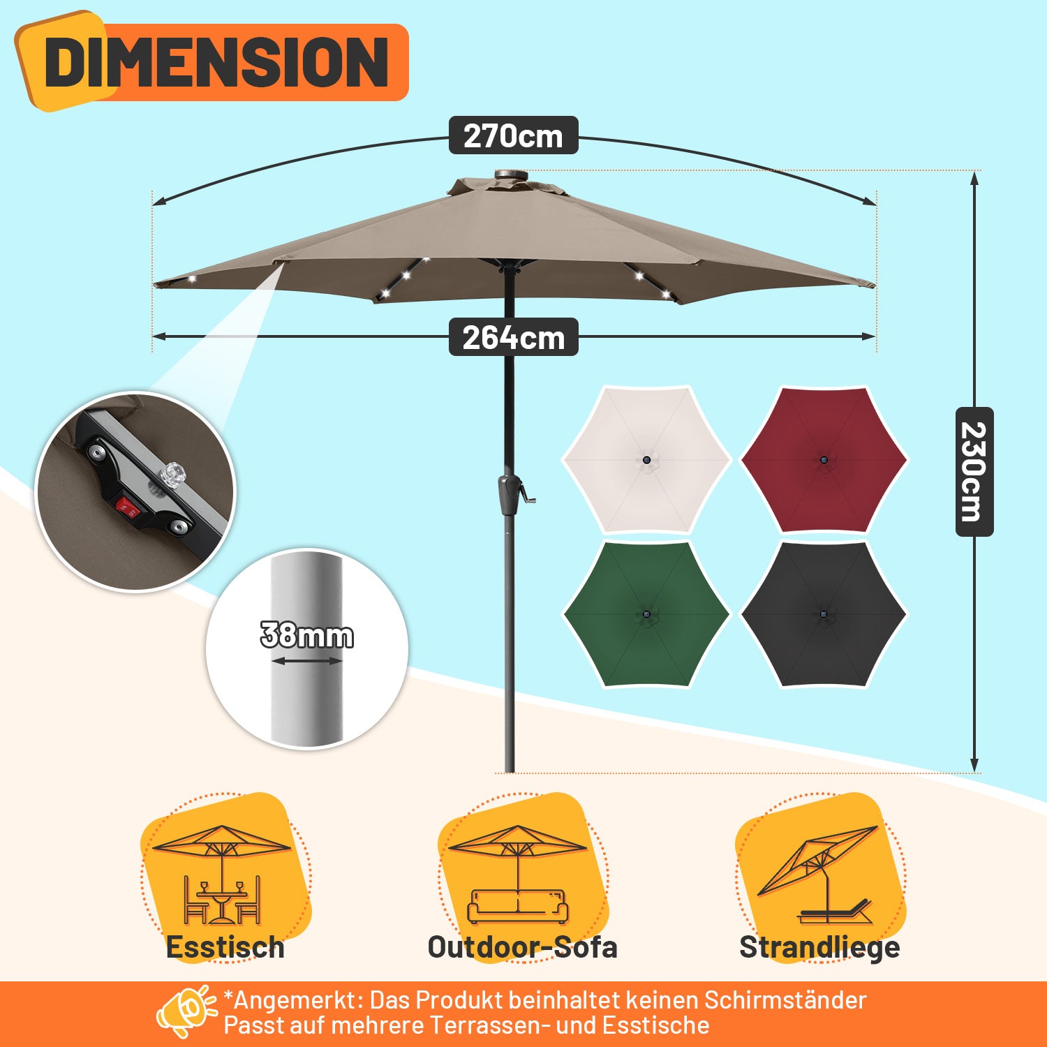 Sonnenschirm 270cm Anthrazit Solar LED Gartenschirm knickbar & ohne Ständer,Terassenschirm Neigungswinkel Sonnenschirme Großschirm für Balkon,Terrasse,Rundschirm mit kurbel, In fünf Farben erhältlich