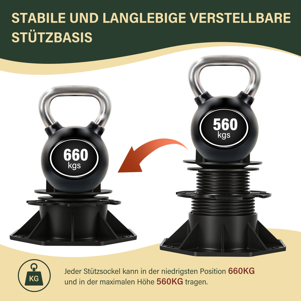 70–145 mm – Hochfüßige Stützen für Terrassenfliesen, höhenverstellbar – Plattenförmige Stützunterlagen – geeignet für Holz-, WPC- und Steinuntergründe von Terrassenfliesen