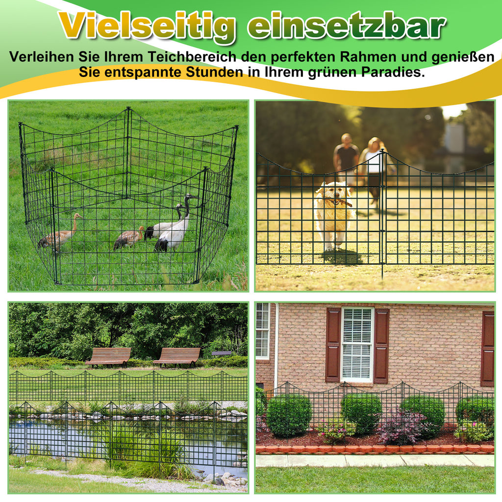 Teichzäune, Metall-Gartenzäune, Außenzäune, 3,75/7,5/10,5 Meter, inklusive Zaunelemente und Befestigungsstangen, oben nach unten gewölbt