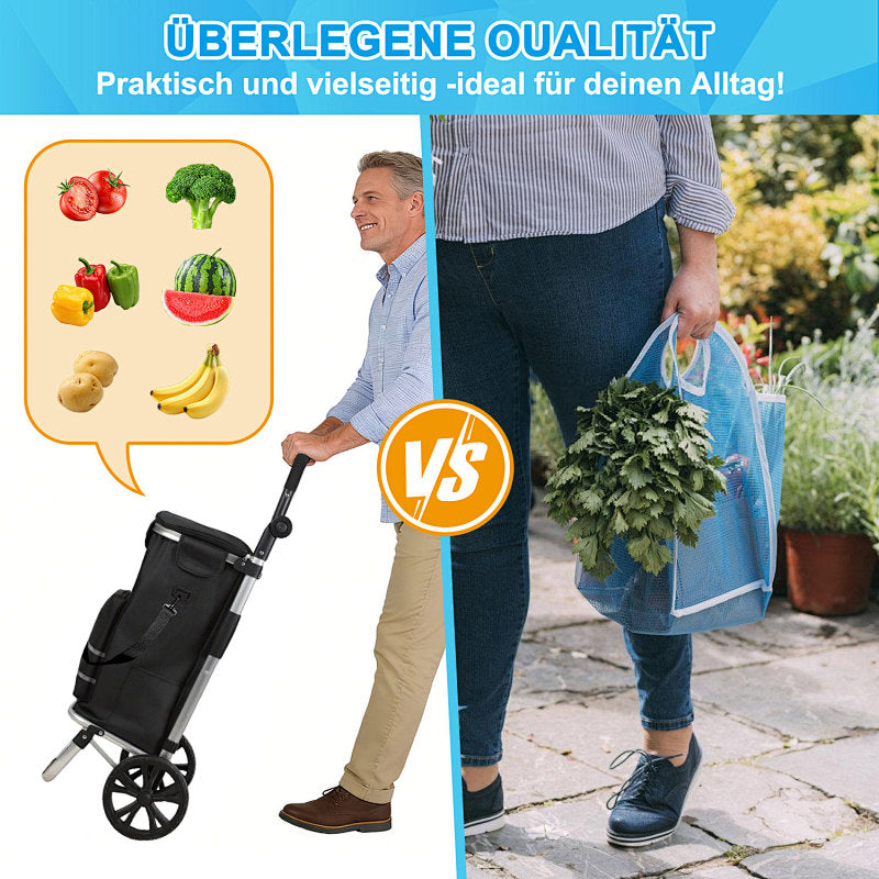 Zusammenklappbarer Einkaufswagen mit Kühlfach, Tragkraft 50 kg, großes Fassungsvermögen, leichter Einkaufswagen mit Rollen, Aluminiumrahmen, mit Reflektoren und Schutzblechen, schwarz