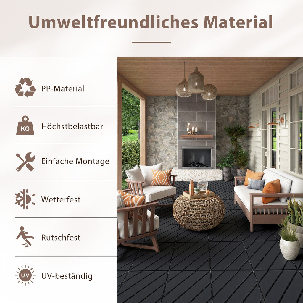 Polypropylen-Terrassenfliesen im Puzzle-Design, 30 x 30 cm, anthrazitgrau/rotbraun, aus Kunststoff | Witterungsbeständig, rutschfest, einfach zu verlegen, geeignet für Terrassen, Balkone und Gärten, leicht zu reinigen, Kunststoffboden, 1–5 Quadratmeter