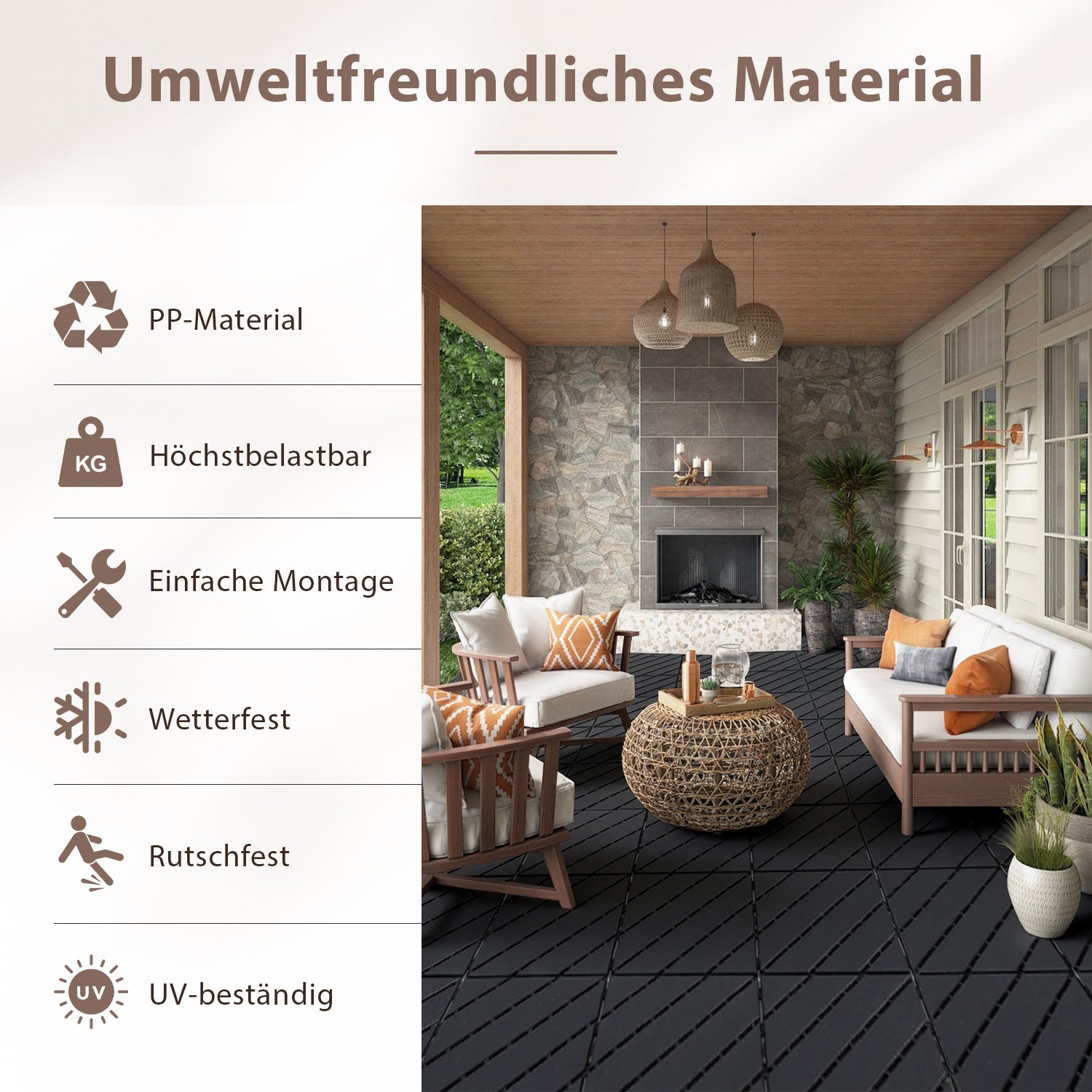 Polypropylen-Terrassenfliesen im Puzzle-Design, 30 x 30 cm, anthrazitgrau/rotbraun, aus Kunststoff | Witterungsbeständig, rutschfest, einfach zu verlegen, geeignet für Terrassen, Balkone und Gärten, leicht zu reinigen, Kunststoffboden, 1–5 Quadratmeter
