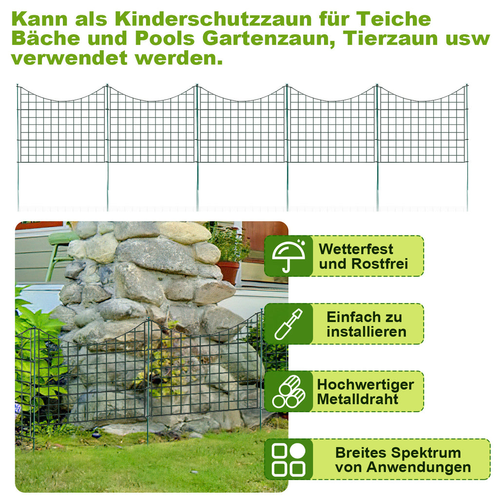 Teichzäune, Metall-Gartenzäune, Außenzäune, 3,75/7,5/10,5 Meter, inklusive Zaunelemente und Befestigungsstangen, oben nach unten gewölbt
