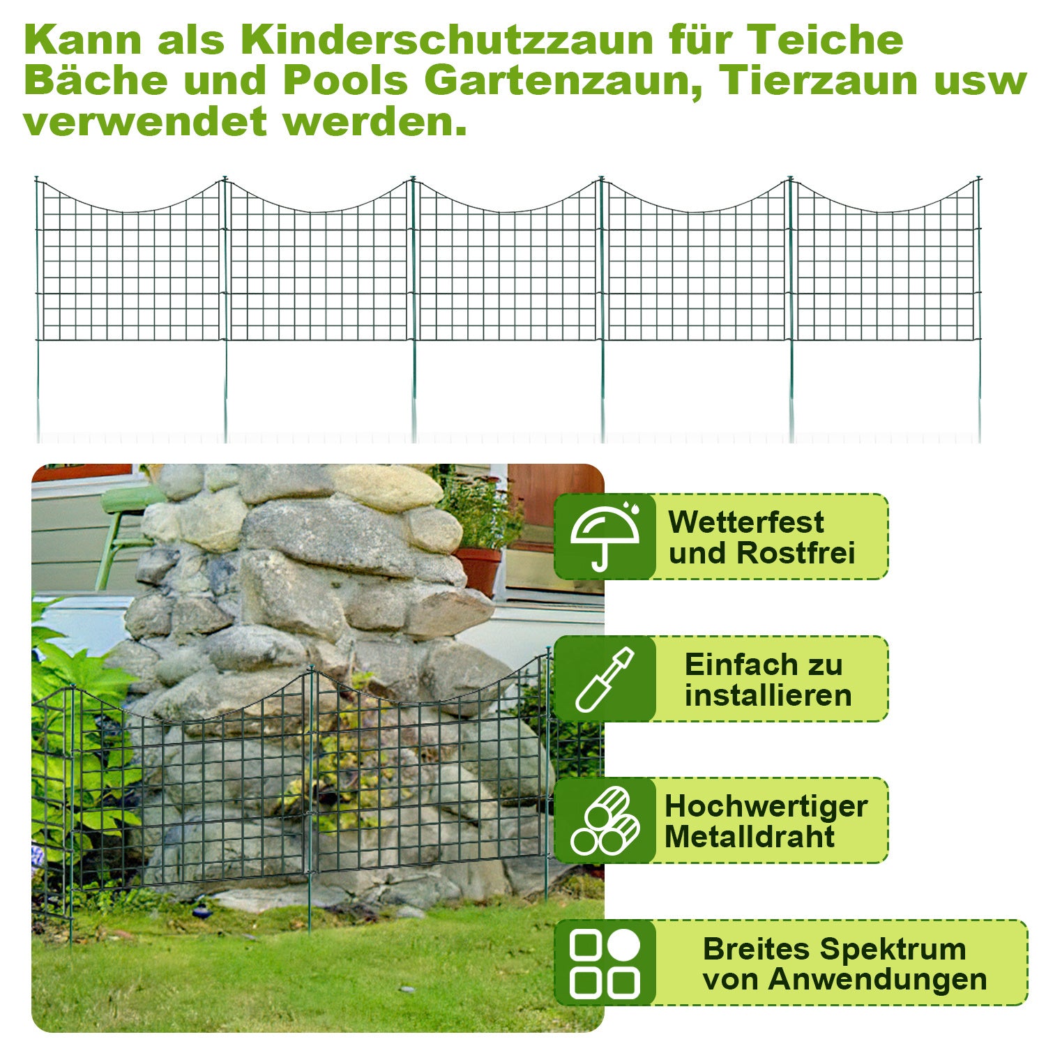 Teichzäune, Metall-Gartenzäune, Außenzäune, 3,75/7,5/10,5 Meter, inklusive Zaunelemente und Befestigungsstangen, oben nach unten gewölbt
