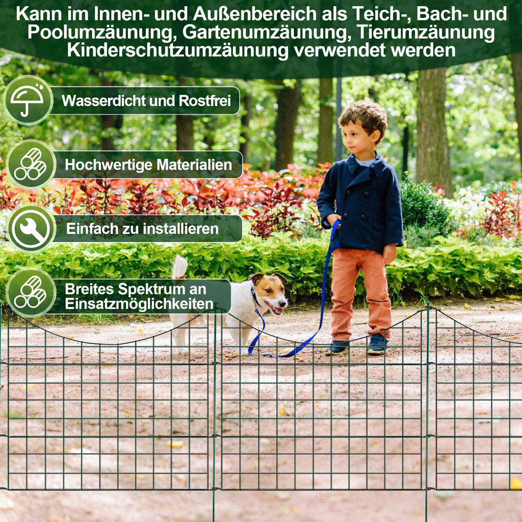 Teichzäune, Metall-Gartenzäune, Außenzäune, 3,75/7,5/10,5 Meter, inklusive Zaunelemente und Befestigungsstangen, oben nach unten gewölbt