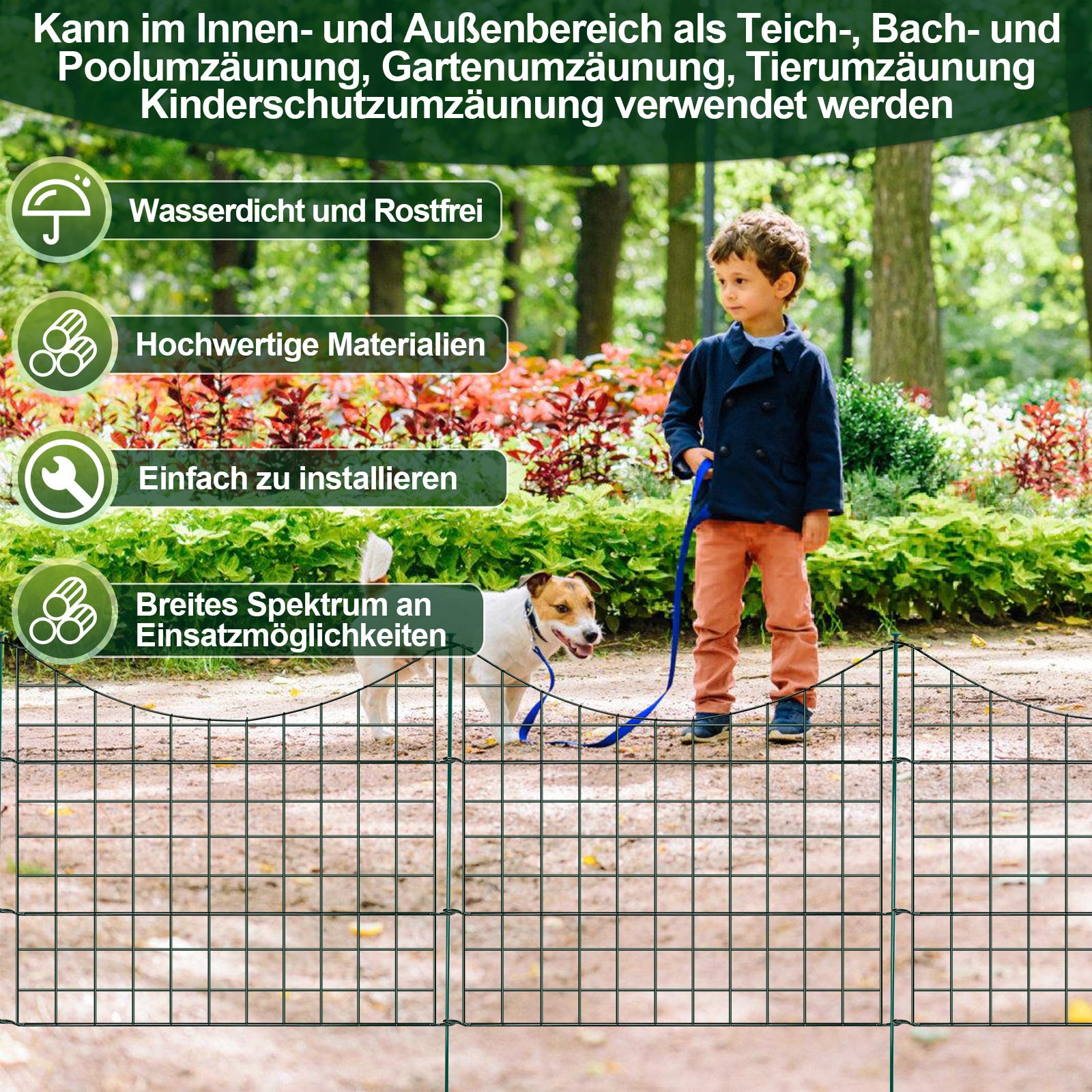 Teichzäune, Metall-Gartenzäune, Außenzäune, 3,75/7,5/10,5 Meter, inklusive Zaunelemente und Befestigungsstangen, oben nach unten gewölbt